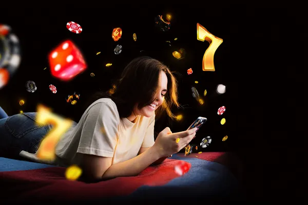 SOUL777 Slots — Thousands of exciting themes and jackpots A stylish woman beside vibrant slot machines displaying glowing sevens, showcasing the variety of top slots at SOUL777.